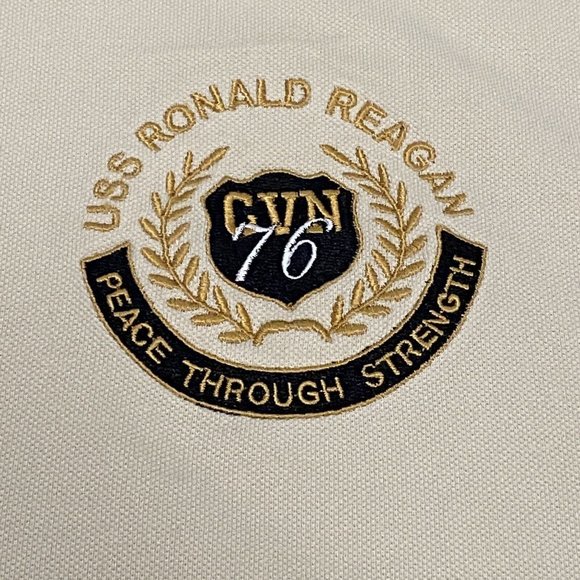 Military USS RONALD REAGAN CVN-76 Peace Through Strength Beige Polo Shirt‎ XL - Picture 1 of 7